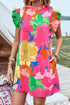 Bold Floral Flutter Sleeve Shift Mini Dress with Pockets